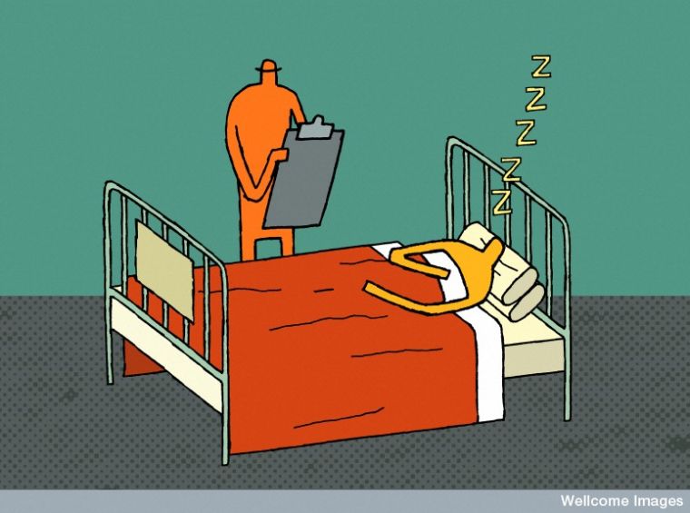 Illustration in cartoon style showing a sleeping patient and a doctor making observations on a clipboard.